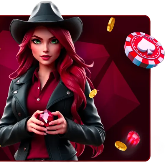 Ruby Reels Casino hostess with a ruby gem and gold coins Ruby Reels Casino hostess with a ruby gem and gold coins